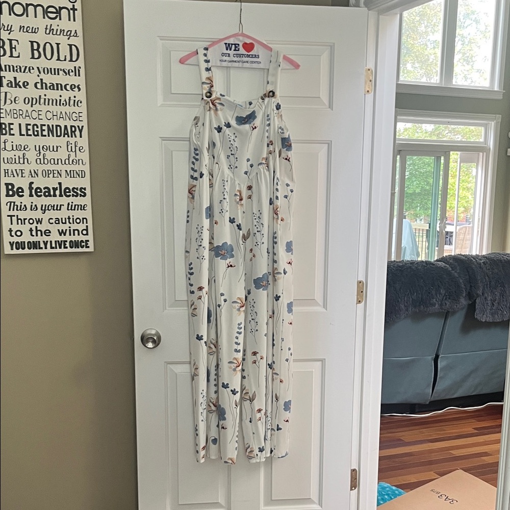 Floral White and Blue Maxi Dress